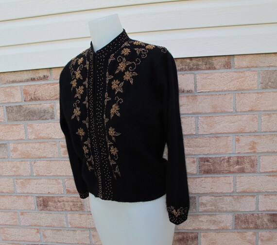 Cardigan Sweater Black Lavished with Copper and Bronze Glass Beads Lambswool Angora Silky Lining Vintage c.1960 Dulcie Creations Chest 36
