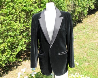 Jacket Blazer Formal Luxe Black Velvet Notched Lapels Unisex Vintage c.1980's Chest 40"