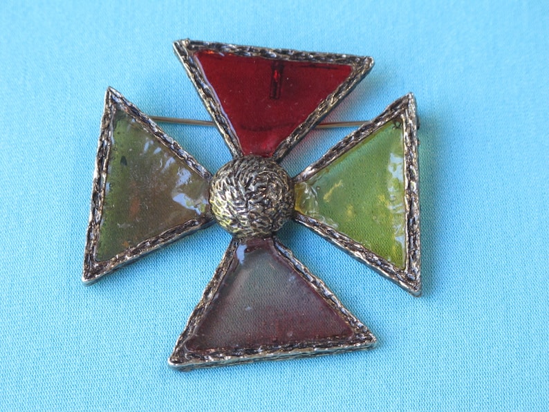 Brooch Pin Pendant Stained Glass Style Maltese Cross Antiqued Gold Tone Setting Vintage 1970s Transparent Red Amber Lucite Resin Plastic
