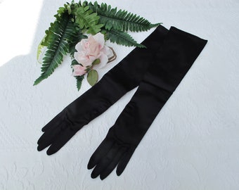 Gloves Extra Long 18 1/4" Black Stretch Satin 1960's Vintage Evening Cocktail Formal Wear Western Germany Size 6 1/2