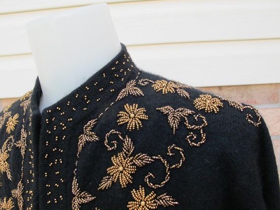 Cardigan Sweater Black Lavished with Copper and Bronze Glass Beads Lambswool Angora Silky Lining Vintage c.1960 Dulcie Creations Chest 36