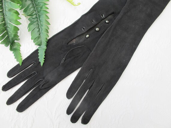 Gloves Extra Long 22" Black Kid Suede Leather 3 B… - image 3