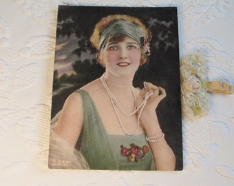 Print on Paper Flapper Lady With Pearls Authentic Antique 1920's Mini 5"x3 3/4"