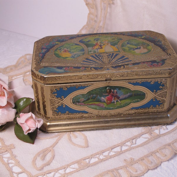 Tin Box ArtStyle Chocolate Co. Romantic 18TH C. Style Courting Couples Roses & Fan Antique c.1920's