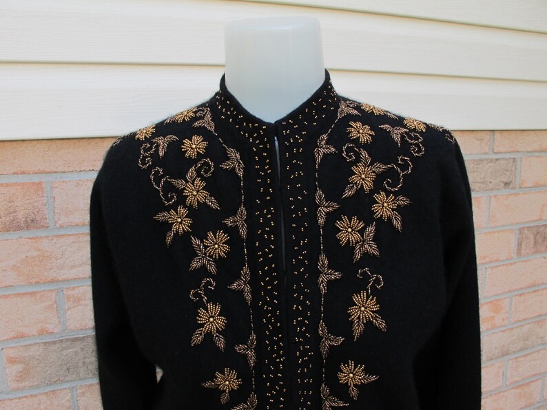 Cardigan Sweater Black Lavished with Copper and Bronze Glass Beads Lambswool Angora Silky Lining Vintage c.1960 Dulcie Creations Chest 36