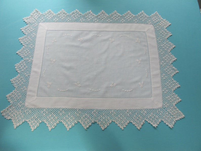 Centerpiece Large Doily Embroidered Shamrocks Wide Hand Crocheted Lace Antique c.1920 For Table Topper Dresser Bureau
