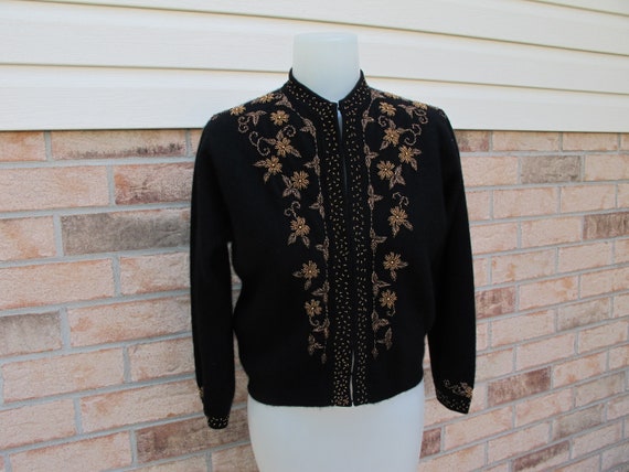 Cardigan Sweater Black Lavished with Copper and Bronze Glass Beads Lambswool Angora Silky Lining Vintage c.1960 Dulcie Creations Chest 36