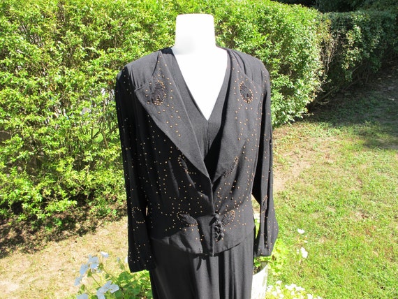Evening Gown Dress & Jacket Black Crepe Gold Meta… - image 2