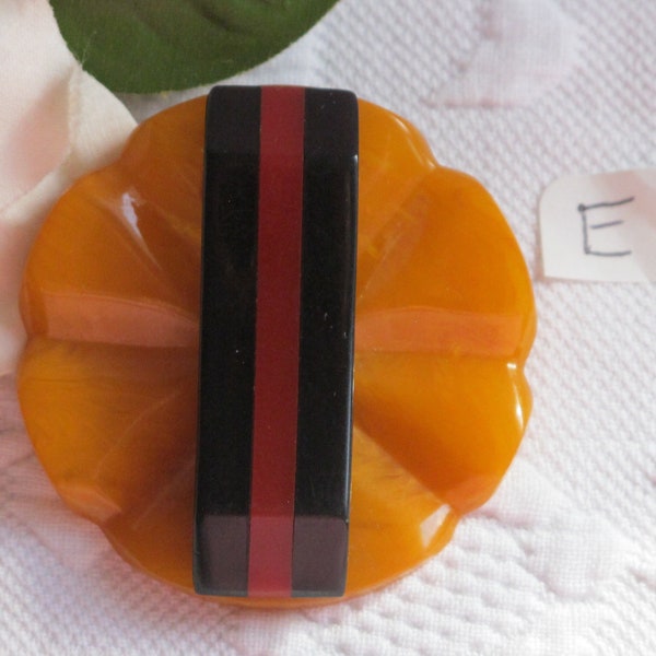 Button Bakelite Huge Carved Laminated Marbled Butterscotch Red Black NBS Large 1 3/4" Across Vintage 1930s 1940s Metal Shank Coat Sweater E