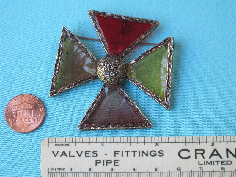 Brooch Pin Pendant Stained Glass Style Maltese Cross Antiqued Gold Tone Setting Vintage 1970s Transparent Red Amber Lucite Resin Plastic