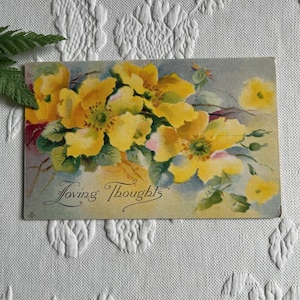 Carte Postale Antique 1910 Roses Jaunes Pensées Aimantes