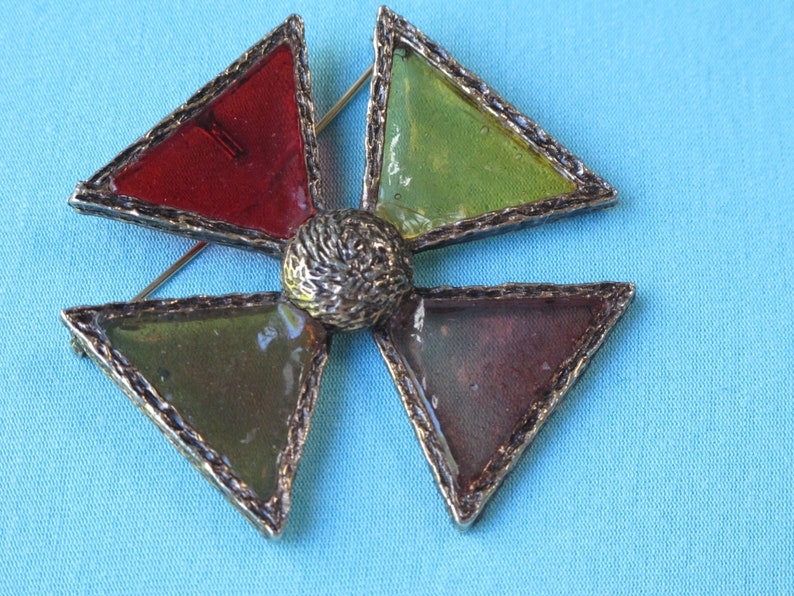 Brooch Pin Pendant Stained Glass Style Maltese Cross Antiqued Gold Tone Setting Vintage 1970s Transparent Red Amber Lucite Resin Plastic