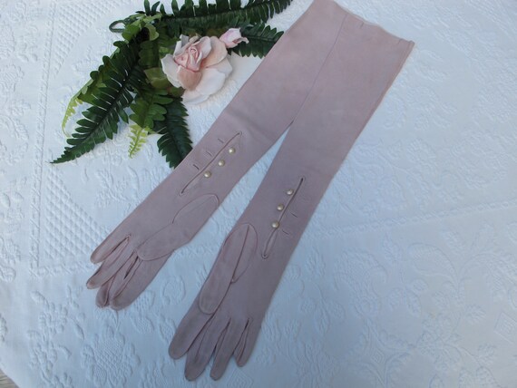 Gloves Extra Long 21 1/2"Pale Pink Kid Suede Leat… - image 6
