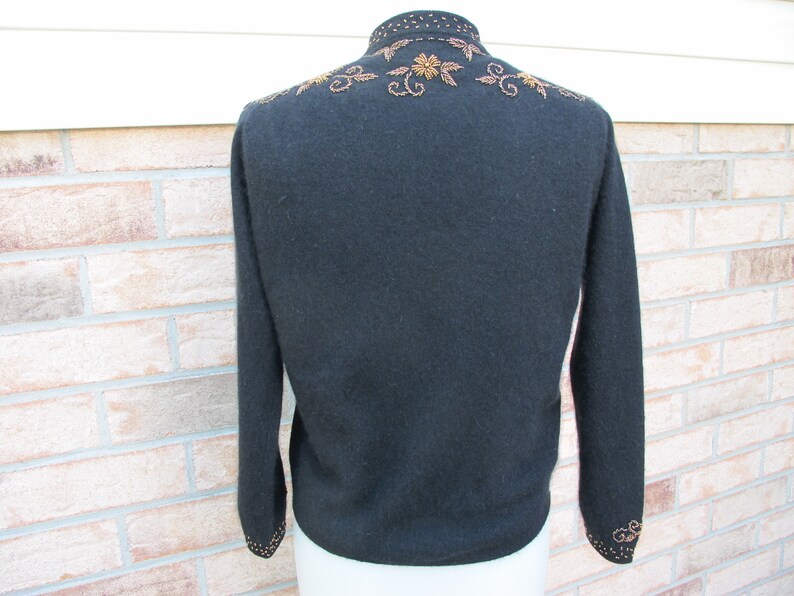 Cardigan Sweater Black Lavished with Copper and Bronze Glass Beads Lambswool Angora Silky Lining Vintage c.1960 Dulcie Creations Chest 36