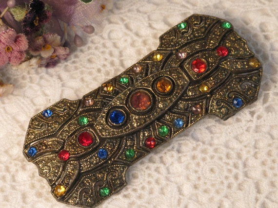 Pin Brooch Art Deco Colourful Rhinestones Vintage… - image 1