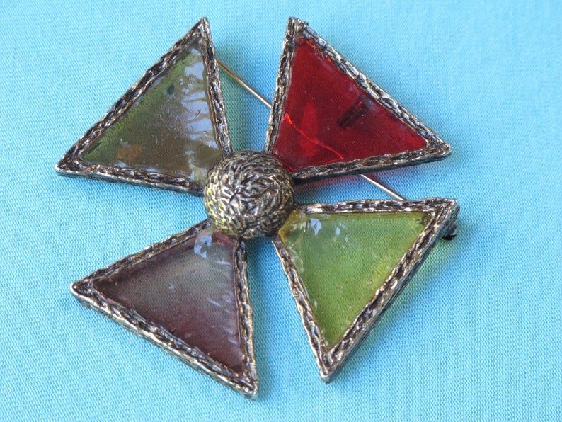 Brooch Pin Pendant Stained Glass Style Maltese Cross Antiqued Gold Tone Setting Vintage 1970s Transparent Red Amber Lucite Resin Plastic