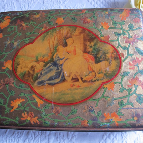 Tin Box Container Pastoral Rococo Ladies & Lambs Florentine Pattern Vintage c.1930s Macfarlane Lang Biscuits England