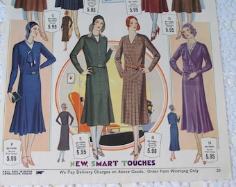 Catalog Page AUTHENTIC Fall & Winter 1930-31 Eatons Canada Ladies Dressy Dresses Colour Print Vintage Clothing Fashion History #1