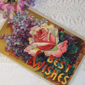 Carte postale romantique lilas et fleurs roses roses antiques, édouardienne, datée de 1911, romantique