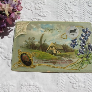 Carte postale de voeux d'anniversaire pour les violettes de mars, pierre de sang, pierre de naissance, bélier, édouardienne antique datée de 1911, romantique vieille carte, Raphael Tuck