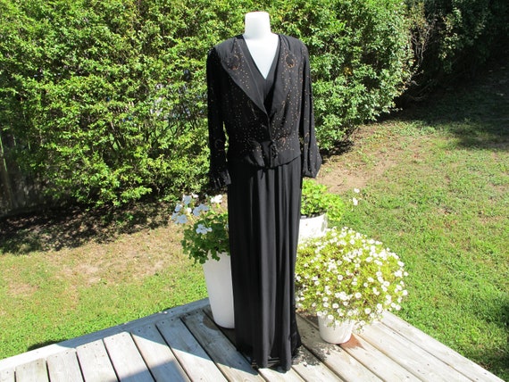 Evening Gown Dress & Jacket Black Crepe Gold Meta… - image 1