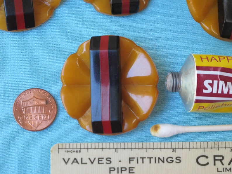 Button Bakelite Huge Carved Laminated Marbled Butterscotch Red Black NBS Large 1 34 Across Vintage 1930s 1940s Metal Shank Coat Sweater B