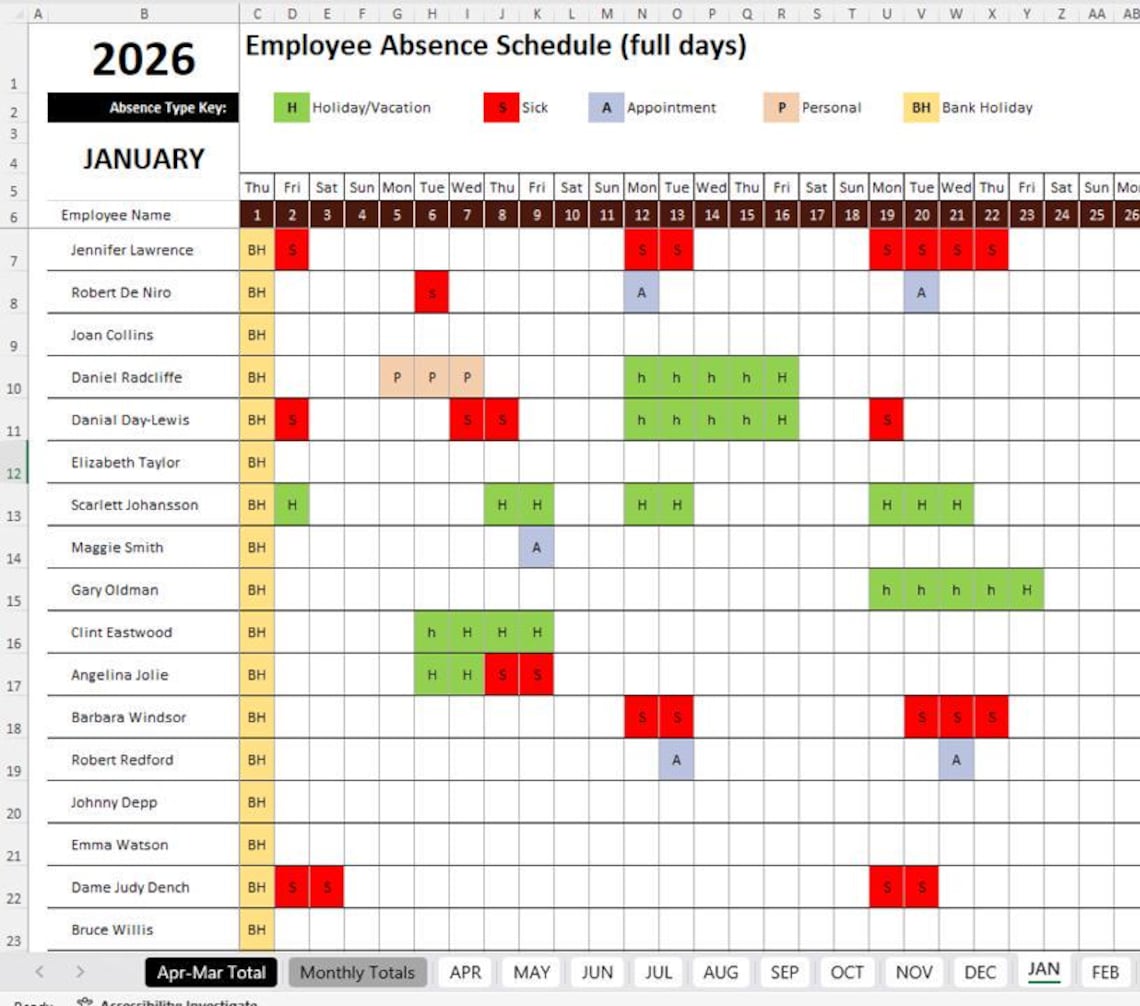 Employees Annual Leave / Absence Tracker Staff Planner APRIL 2026 to ...