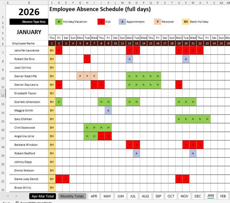 2025 Pro APRMAR Employees Annual Leave / Absence Tracker Staff Planner