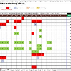 Puede incluir: Un calendario de ausencias de empleados para febrero, presentado en formato de hoja de cálculo. El calendario utiliza bloques codificados por colores para indicar diferentes tipos de ausencias, incluyendo vacaciones, enfermedad, citas y tiempo personal. El texto "Employee Absence Schedule (full days)" está en la parte superior.