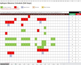 May include: An employee absence schedule for February, displayed in a spreadsheet format. The schedule uses color-coded blocks to indicate different types of absences, including holiday/vacation, sick days, appointments, and personal time. The text "Employee Absence Schedule (full days)" is at the top.