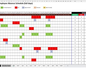 May include: A spreadsheet titled "Employee Absence Schedule" for April, with employee names listed vertically and dates horizontally. Colored blocks indicate types of absences, such as holiday, sick, or appointments. Month totals are displayed.