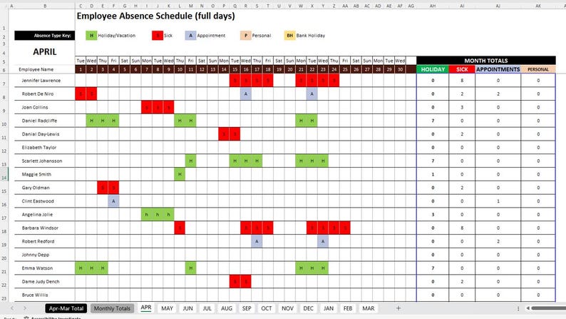 Employees Annual Leave / Absence Tracker Staff Planner APRIL 2026 to ...