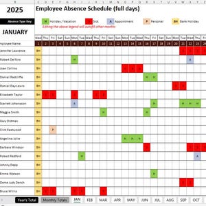 Op de afbeelding: Een spreadsheet met een kalender voor het jaar 2025. De spreadsheet heeft de titel "Employee Absence Schedule (full days)". De spreadsheet toont de namen van werknemers en hun afwezigheidsdata voor de maand januari. De spreadsheet gebruikt kleurcodering om het type afwezigheid aan te geven, zoals vakantie, ziekteverlof, afspraak, verlof en feestdagen.