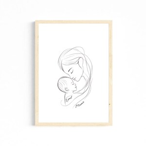 Póster de una línea de mamá y su hijo mirándose, nombre personalizado, flor, A4, descarga, Día de la Madre, cumpleaños, regalo para mamá, archivo digital.