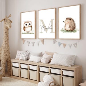 Waldtier Poster 3erSet mit Name Buchstabe Kinderzimmer Babyzimmer Mädchen und Junge Wandbild Baby/Kinder Wanddeko Bilder Geschenk Taufe