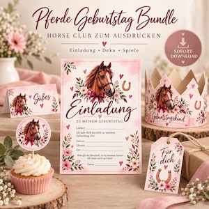 Könnte beinhalten: Ein Pferde-Geburtstags-Bundle zum Ausdrucken mit Einladung, Papierkrone, Cupcake-Topper, Tischkarte und Geschenkanhänger. Alle Artikel zeigen eine braune Pferdeillustration, rosa Blumen, Herzen und den deutschen Text.