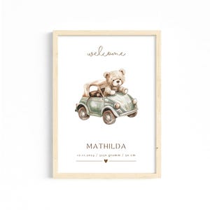 Baby Geschenk Zur Geburt Personalisiertes Poster Geburtsdaten Namen Poster Geburtstafel Babygeschenk Geburtstafel Taufe Bär Auto Bild Kind