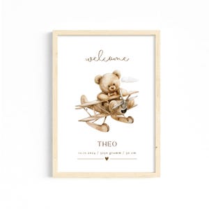 Baby Geschenk Zur Geburt Personalisiertes Poster Geburtsdaten Namen Poster Geburtstafel Babygeschenk Geburtstafel Junge Taufe Bär Flugzeug