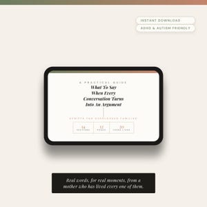 Könnte beinhalten: Ein digitaler Leitfaden mit dem Titel A Practical Guide What To Say When Every Conversation Turns Into An Argument, Scripts For Overloaded Families, mit 14 Abschnitten, 12 Seiten und 20 years lived. Enthält Text: Real words, for real moments.