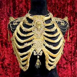 Gold velvet ribcage corset armor skeleton ribs bones chest piece bodice top Goth baroque costume jewelry accessory w/o epaulettes