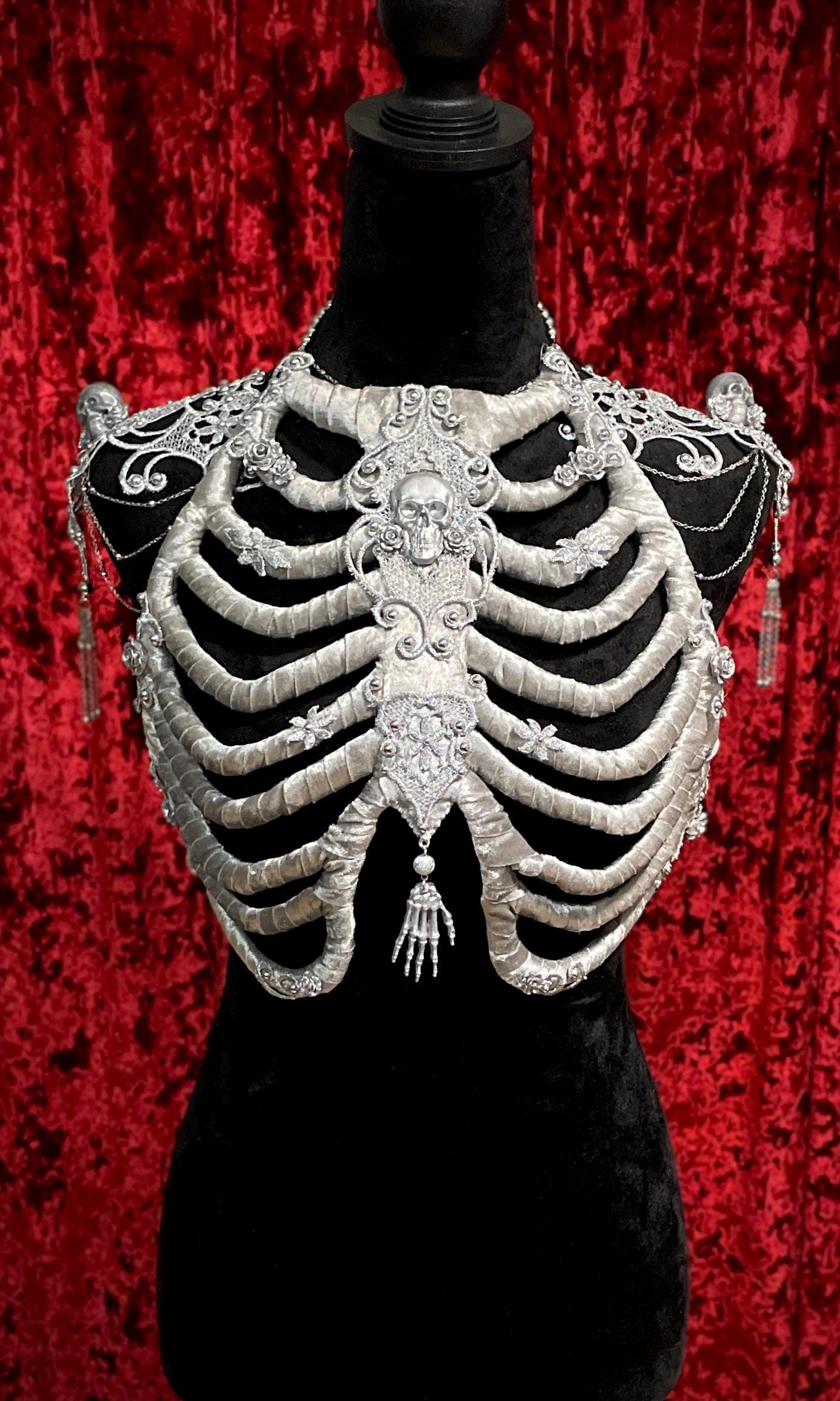 Silver Velvet Ribcage Corset Armor Handmade Skeleton Ribs