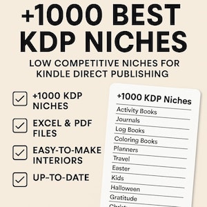 May include: A checklist with a white background and black text. The checklist is titled "1000 Best KDP Niches" and lists various book niches, including activity books, journals, log books, coloring books, planners, travel, Easter, kids, Halloween, gratitude, and more. The checklist also includes a section titled "Low Competitive Niches for Kindle Direct Publishing".