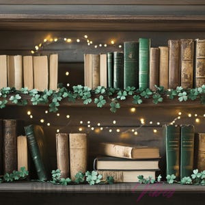 May include: A wooden bookshelf with a variety of books, decorated with a garland of green leaves and white fairy lights. The books are arranged in rows on the shelves, with some books stacked on top of others.