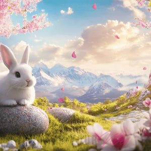May include: A white rabbit sits on a rock in a field of pink flowers. The background features a mountain range with snow-capped peaks and a blue sky with white clouds.