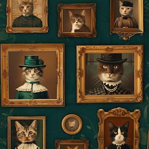 May include: A collage of framed portraits of cats dressed in various outfits and hats. The portraits are set against a dark green background.