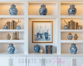 Elegant Blue and Gold Shelves Background: Home Office Backdrop | Modern White Shelves Living Room | Virtual Office Professional Zoom