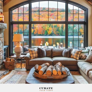 May include: A living room featuring a large black-framed window overlooking a lake with autumn foliage. A gray sofa with plaid pillows sits before a coffee table holding a woven tray of logs. A lamp rests on a side table near a stone fireplace.