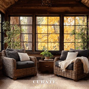 May include: A cozy sunroom with two wicker armchairs, each with a dark gray cushion and white pillow. A small wooden table sits between the chairs, and a cream-colored throw blanket is draped over one. The windows offer a view of trees with yellow leaves.