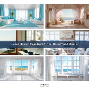 Puede incluir: Una colección de seis escenas interiores digitales con vistas a casas de playa y al océano, incluyendo salas de estar con muebles blancos, detalles en turquesa, chimeneas de piedra y grandes ventanales con cortinas, etiquetada como Beach House/Ocean-front Virtual Background Bundle.