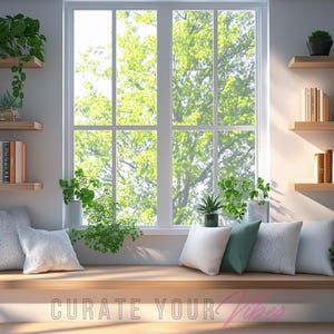 Puede incluir: Un asiento de ventana con cojines blancos y plantas verdes. La ventana tiene una vista de árboles verdes y un cielo azul brillante. Hay estantes de madera con libros a cada lado de la ventana.